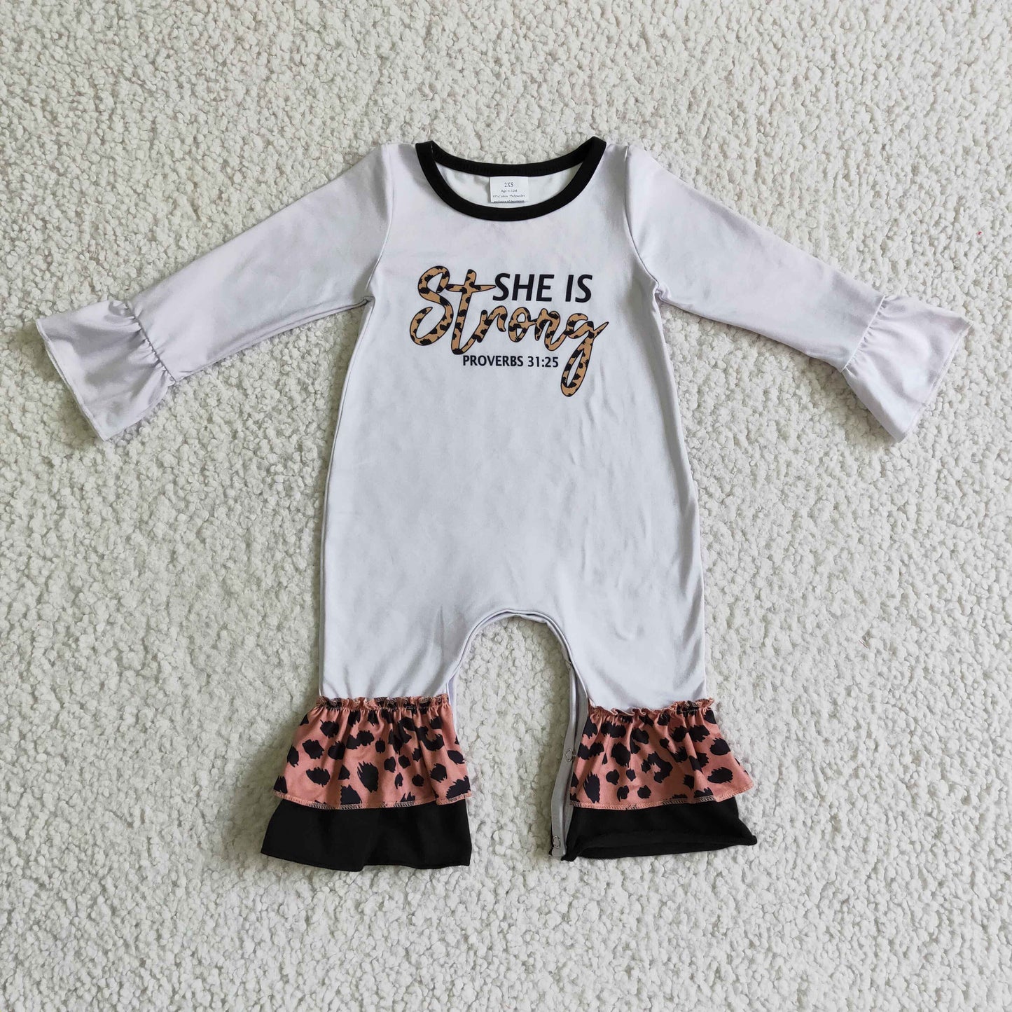 LR0216 baby girls long sleeve gray romper with leopard ruffle