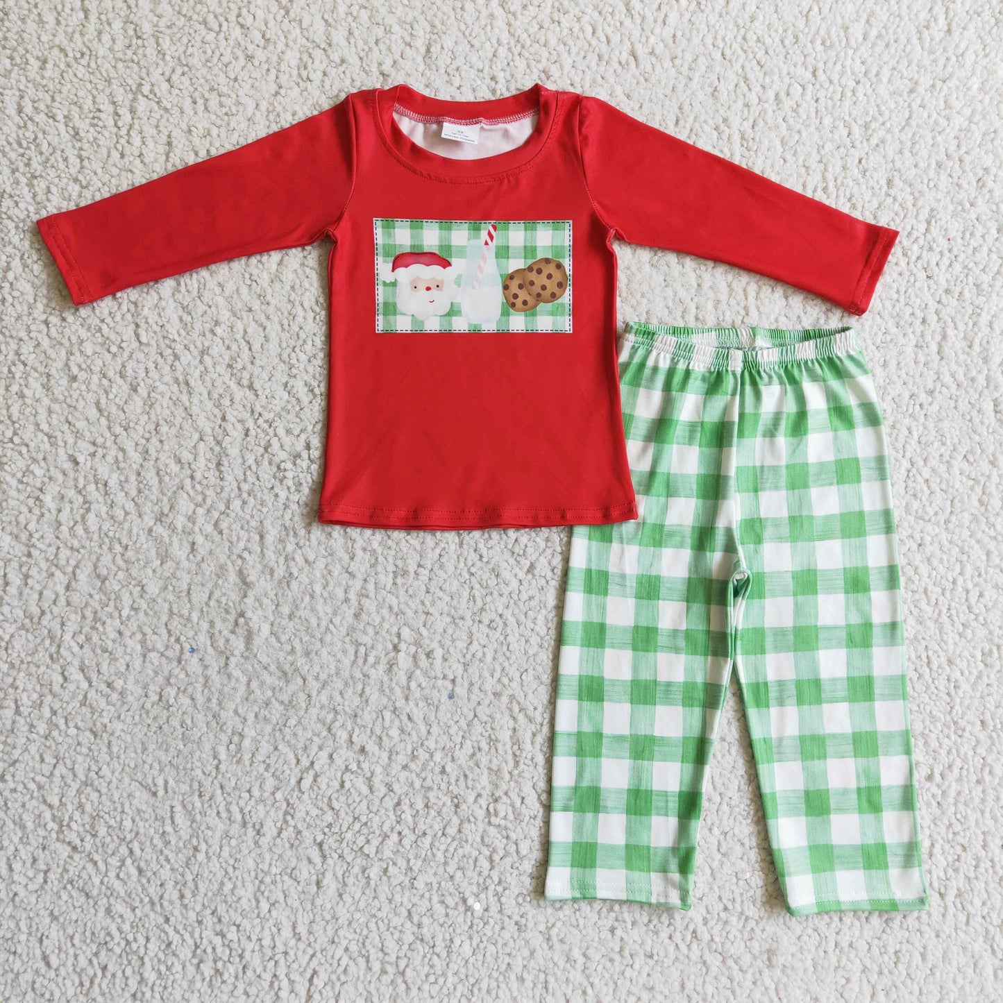 BLP0109 boy red long sleeve santa milk and cookies print match green white plaid straight pants