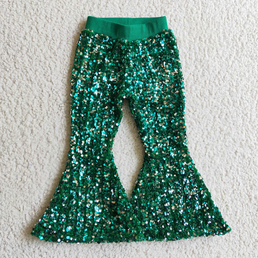 P0033 baby girls green sequin elastic waist bell bottoms winter high quality kids warm pants