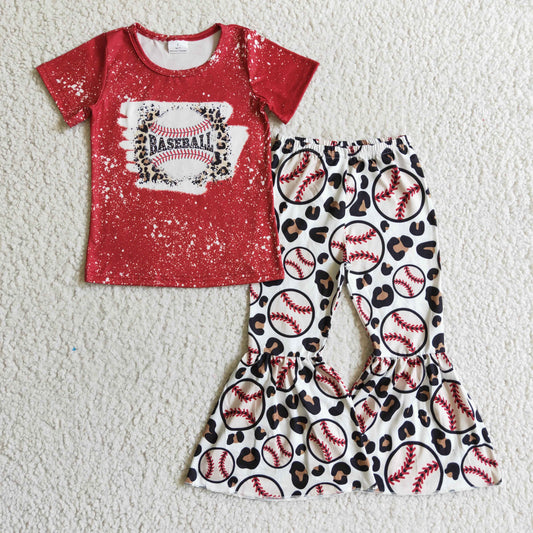 GSPO0217 girl summer red short sleeve t-shirt match leopard and baseball print bell bottoms