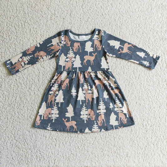 GLD0152 girl long sleeve o-neck frock with christmas tree and deer print