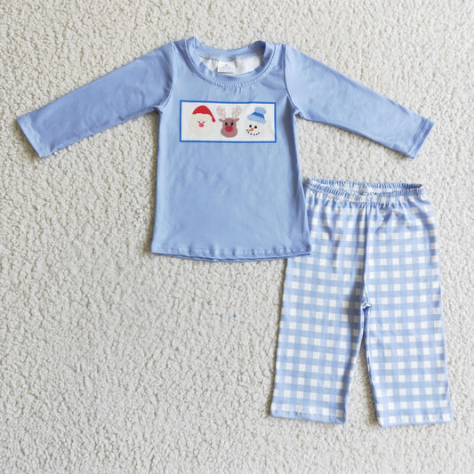 BLP0129 boy blue long sleeve shirt with santa deer and snowman printed match plaid straight pants 2pieces set