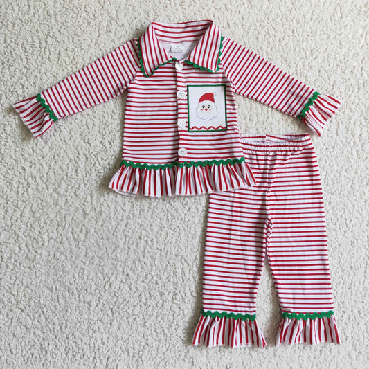 6 B9-3 girl stripe long sleeve turn-down collar pajamas set with santa embroidery