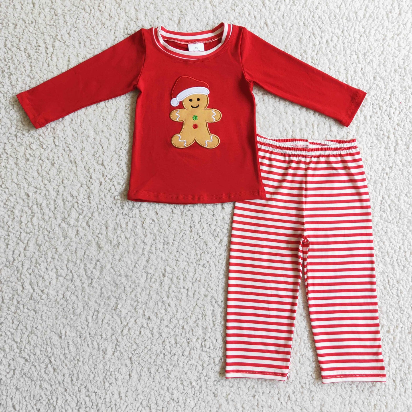 BLP0122 christmas boy red cotton long sleeve top with gingerbread embroidery match stripe pants