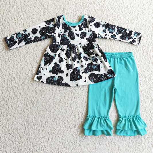 GLP0305 girl milk cow print long sleeve top with bow-knot match blue ruffles pants