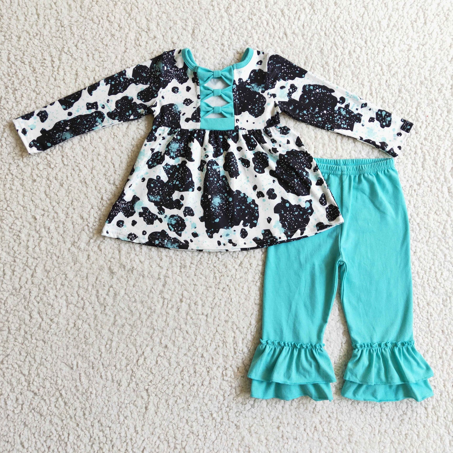 GLP0305 girl milk cow print long sleeve top with bow-knot match blue ruffles pants