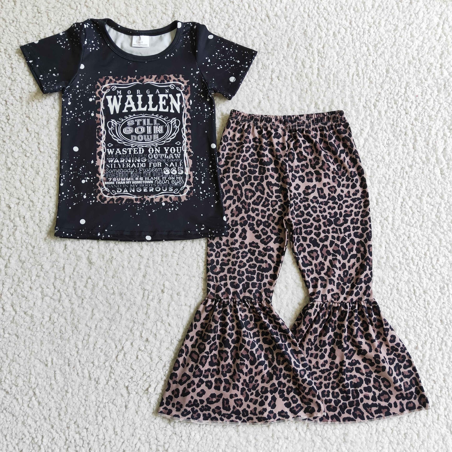 GSPO0227 girl short sleeve black shirt leopard print bell pants 2pieces set