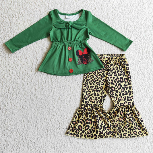 GLP0278 green long sleeve blouses with bow match leopard bell pants for christmas