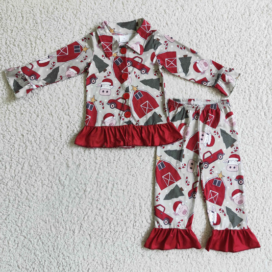 GLP0349 christmas farm style girl long sleeve pajamas set with turn-down collar