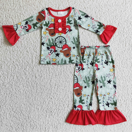 GLP0320 girl christmas highland cow and cactus long sleeve pajamas set with red ruffle