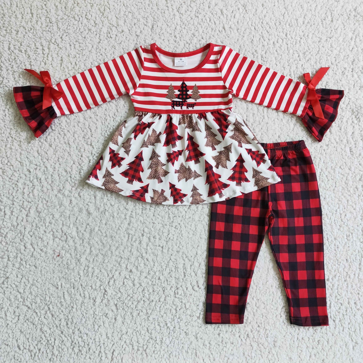 GLP0084 fall winter girl stripe long sleeve and christmas tree print stitching top match plaid pants