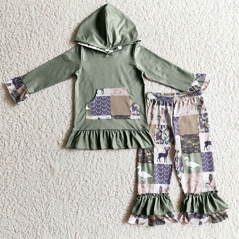 GLP0319 girl long sleeve hoodie match deer and duck print ruffle pants set