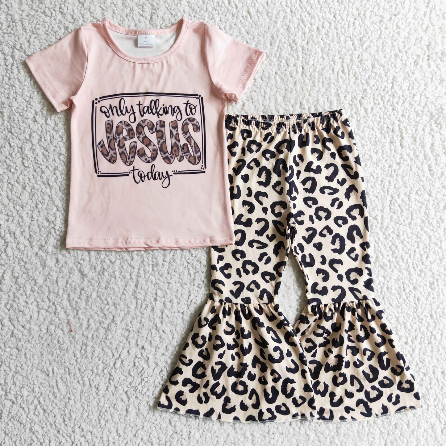 GSPO0226 girl pink short sleeve top and leopard bell pants outfit