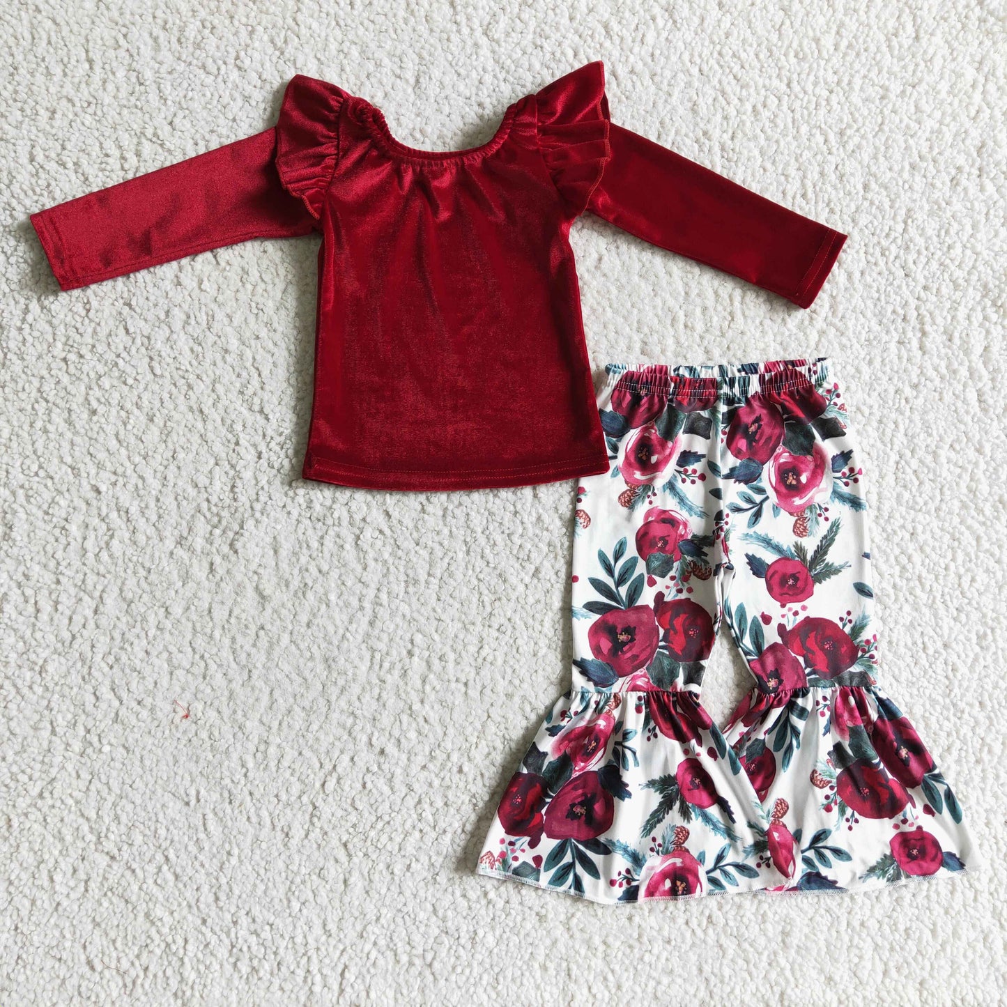 GLP0361 girl high quality red velvet long sleeve top match flowers pattern bell pants fall kids outfit