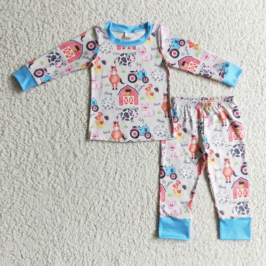 BLP0138 boy farm long sleeve pajamas set with o-neck kids house and animals print outfit