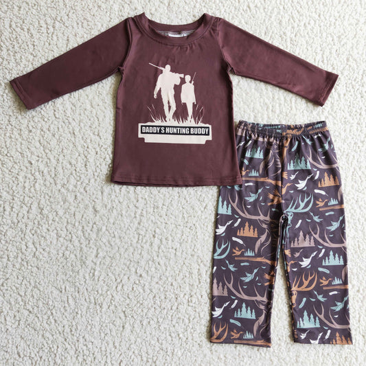 BLP0125 boy brown long sleeve shirt and elastic waist black striaght pants