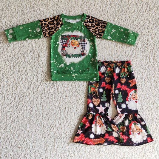 GLP0321 baby girls green long sleeve top and santa bell pants 2pieces for merry christmas