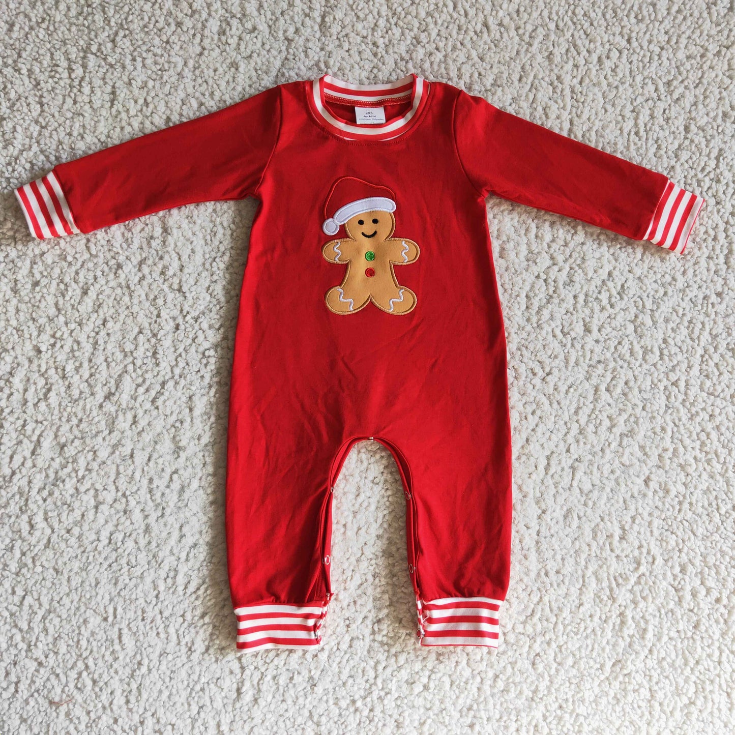 LR0195 infants boy red cotton long sleeve romper with gingerbread embroidery craft