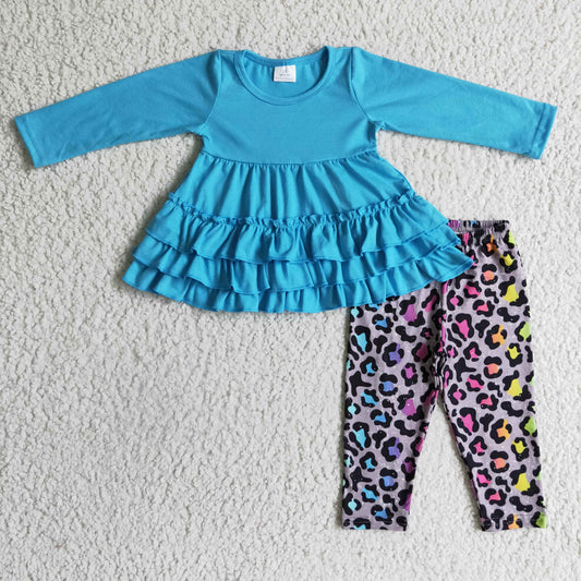 GLP0333 girl long sleeve blue multi ruffles top match colorful leopard leggings fall outfit