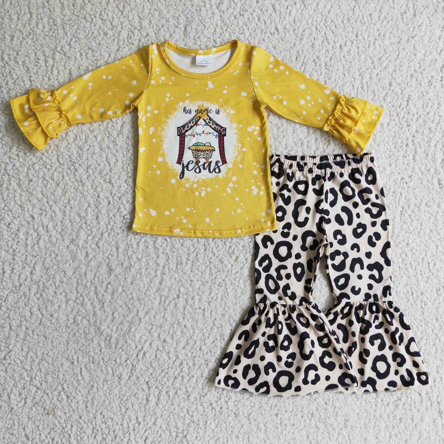 GLP0274 girl yellow long sleeve jesus shirt match leopard bell bottoms