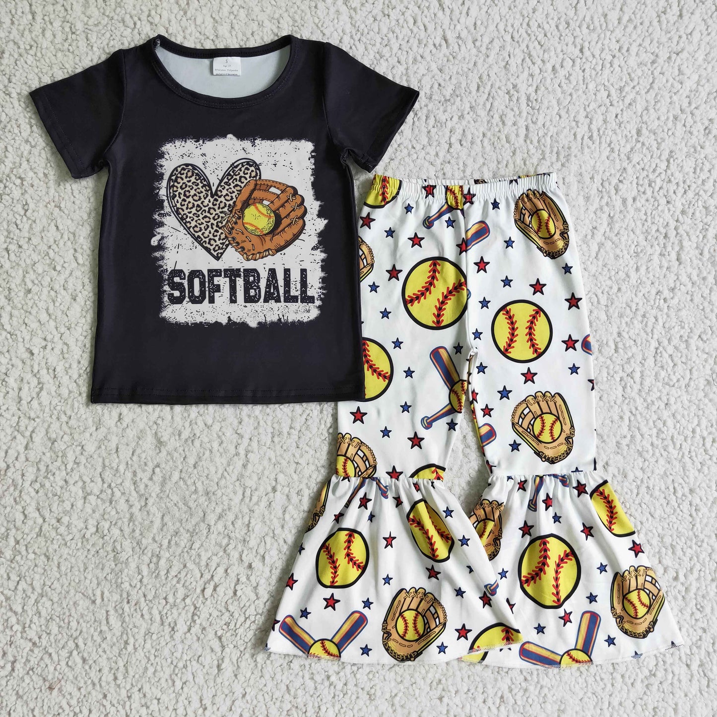 GSPO0215 baby girls black short sleeve shirt match white elastic waist bell pants 2pieces set