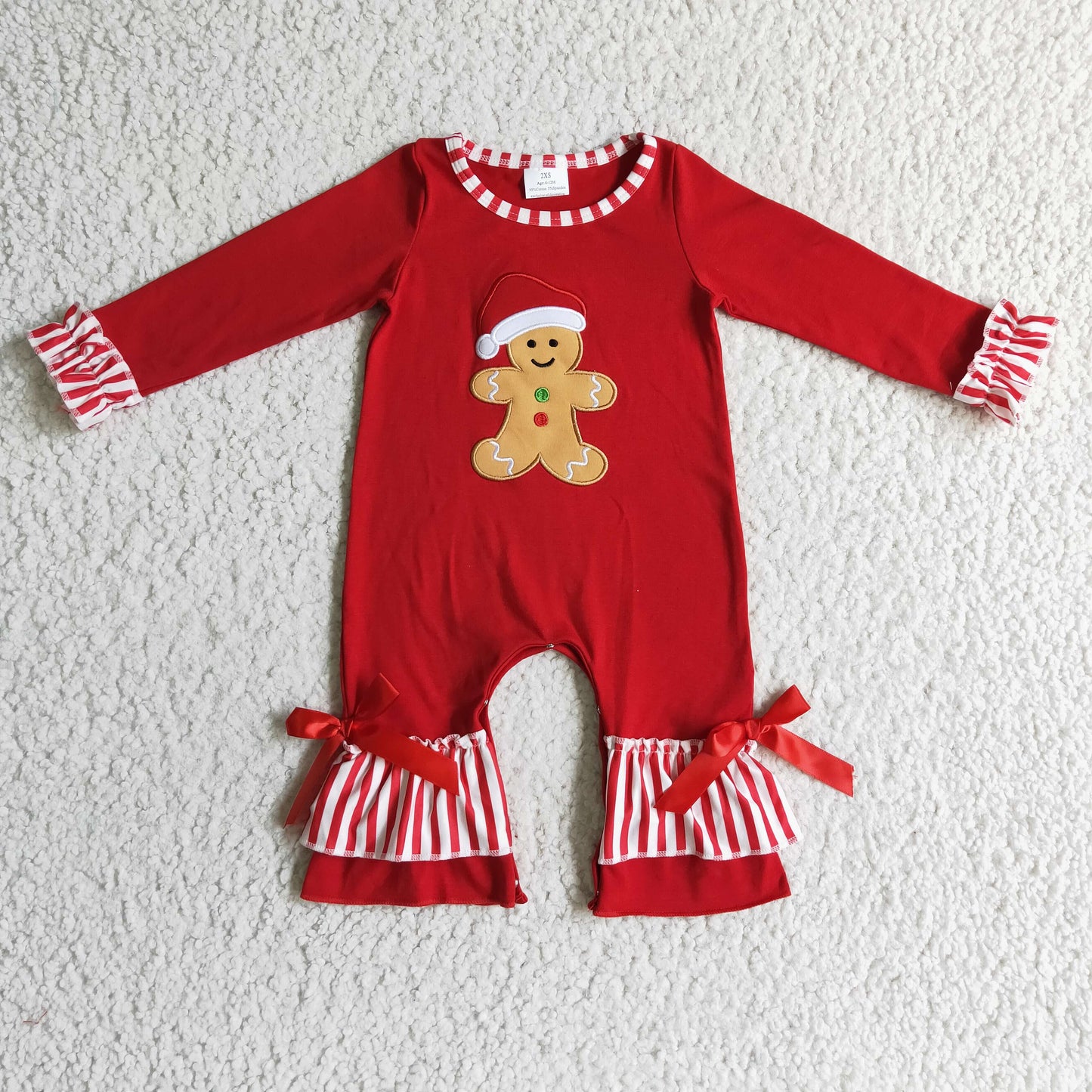 LR0196 kids red cotton long sleeve romper with gingerbread embroidery christmas baby girl jumpsuit