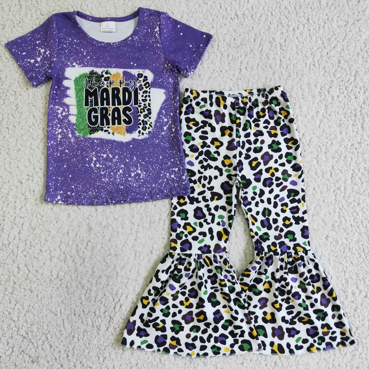 GSPO0221 girl purple short sleeve shirt match colorful leopard bell pants set for mardi gras