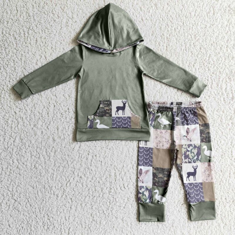 BLP0133 boy deer long sleeve hoodie and jogger pants 2pieces set with pocket