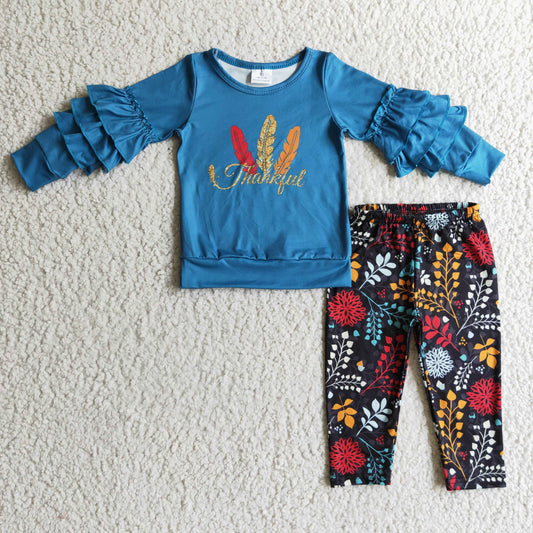 GLP0325 girl blue long sleeve thankful ruffle top match black straight pants with flowers