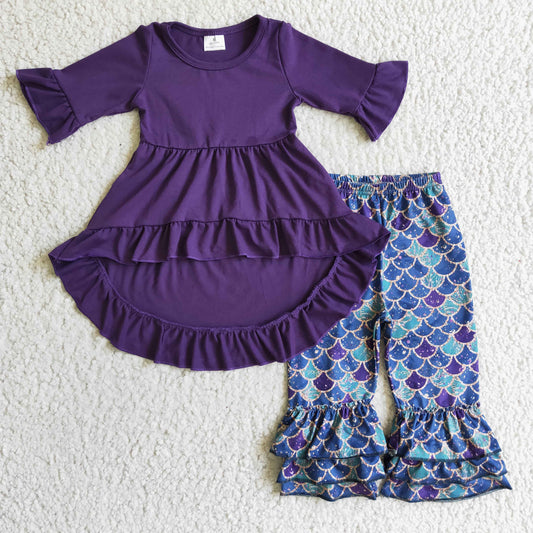 6 A15-12  girl purple short sleeve high-low top and double ruffles pants 2pieces set