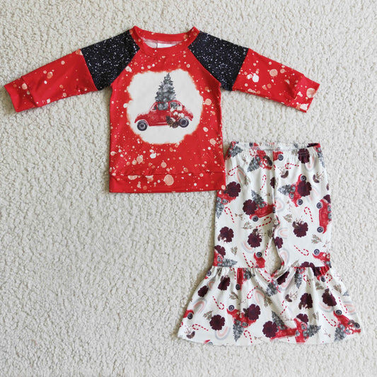 GLP0355 girl red and black stitching long sleeve top christmas tree and cars print bell pants set