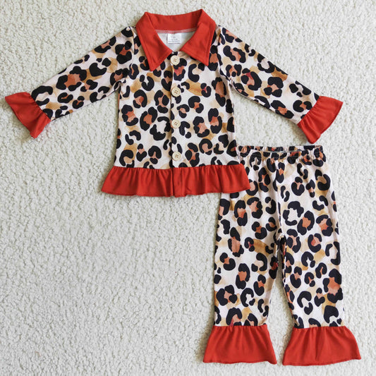 GLP0307 girl orange leopard long sleeve pajamas set  with red turn-down collar fall kids ruffle outfit