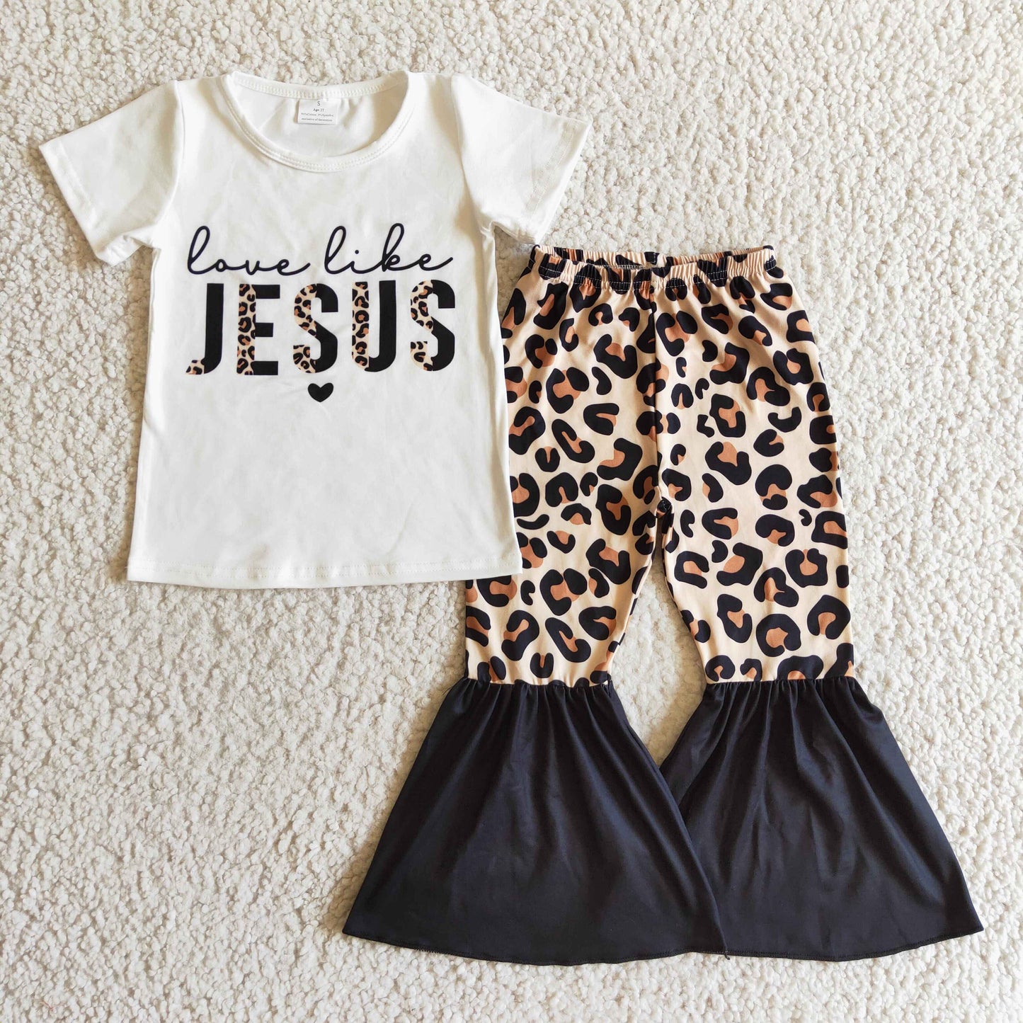 GSPO0243 girl white short sleeve t-shirt match leopard print bell pants