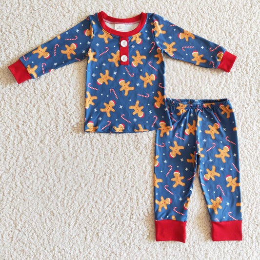 BLP0134 boy merry christmas blue long sleeve pajamas set with gingerbread print