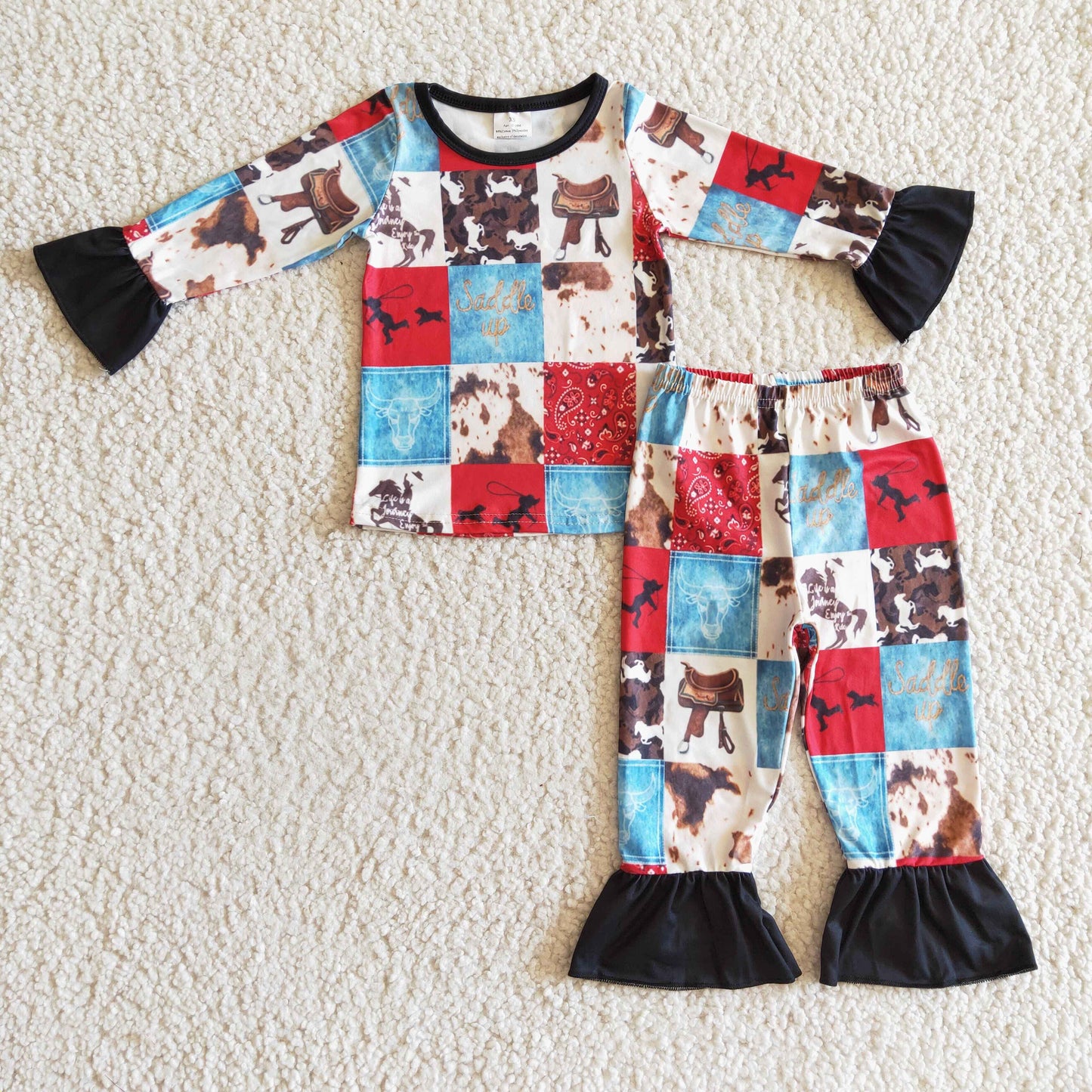 GLP0339 girl long sleeve pajamas set with black ruffle