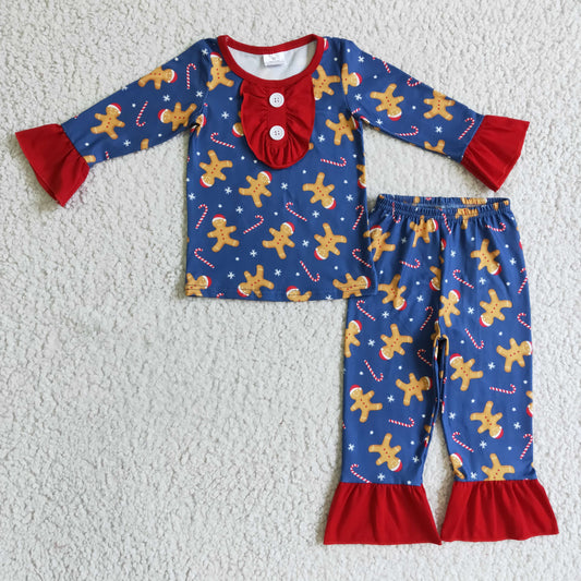 GLP0331 girl gingerbread print blue long sleeve pajamas set merry christmas kids outfit