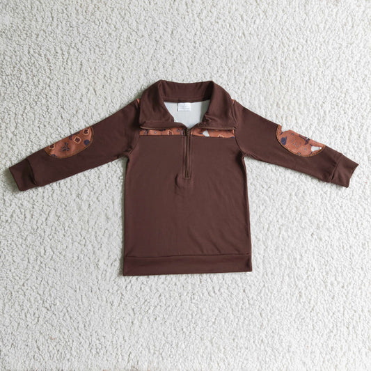 BT0111 boy ready to ship long sleeve brown zipper jacket kids turn-down collar cow patch top