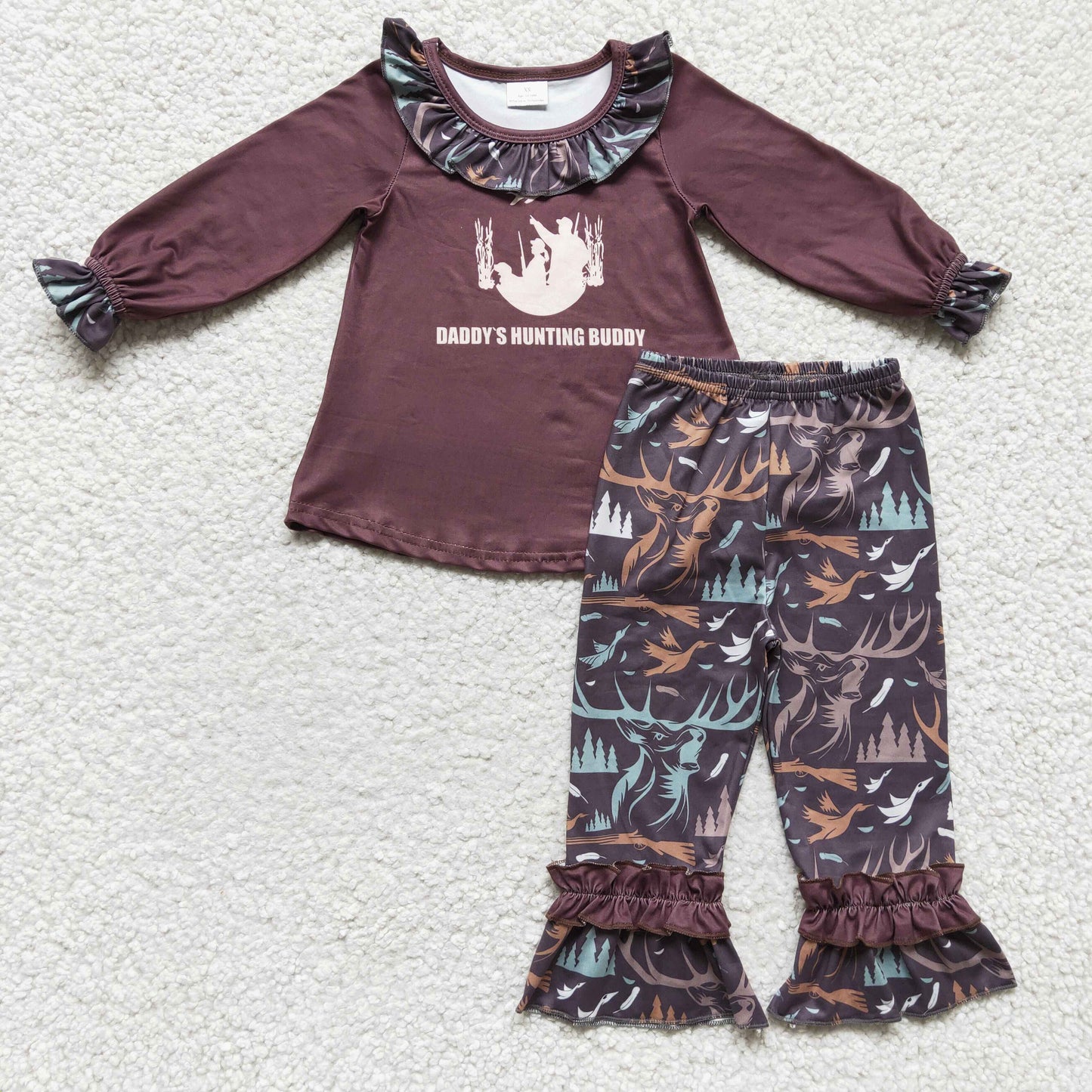 GLP0303 girl brown long sleeve top animals print ruffle pants 2pieces set