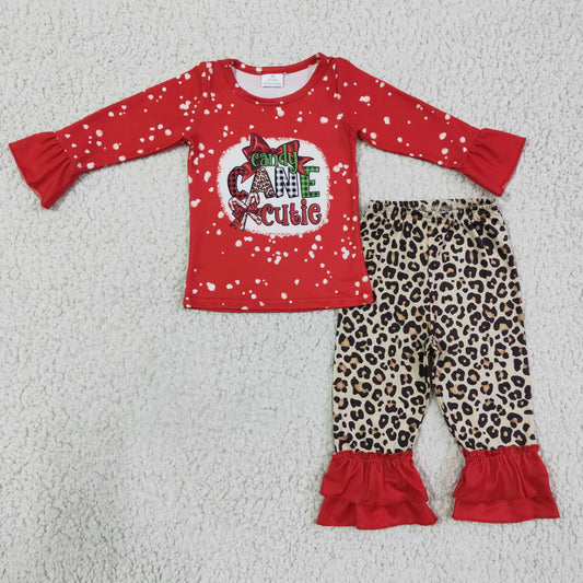 GLP0329 girl red tie-dye long sleeve top with letter design leopard ruffle pants 2pieces set for christmas