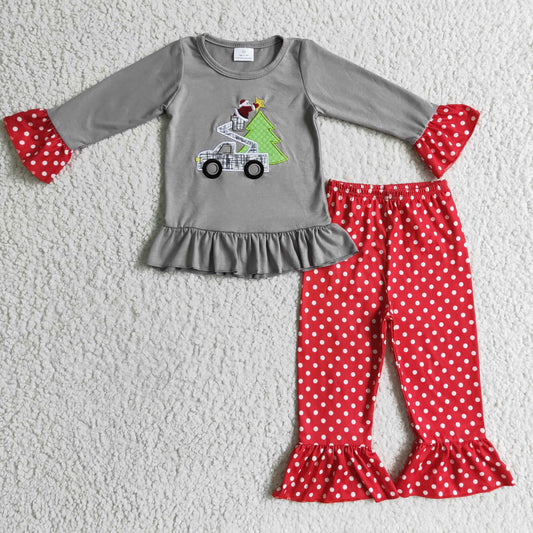 GLP0332 girl gray cotton long sleeve santa and christmas tree embroidery top match polka dot ruffle pants