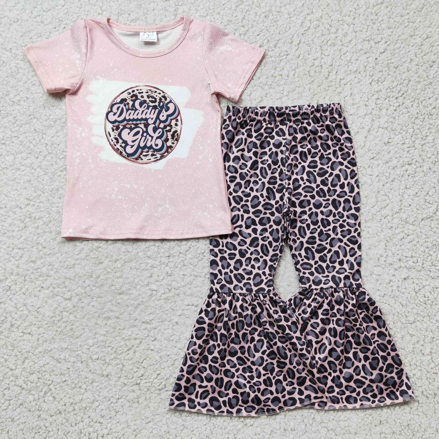 GSPO0219 girl short sleeve pink shirt match leopard bell pants daddy's girl outfit