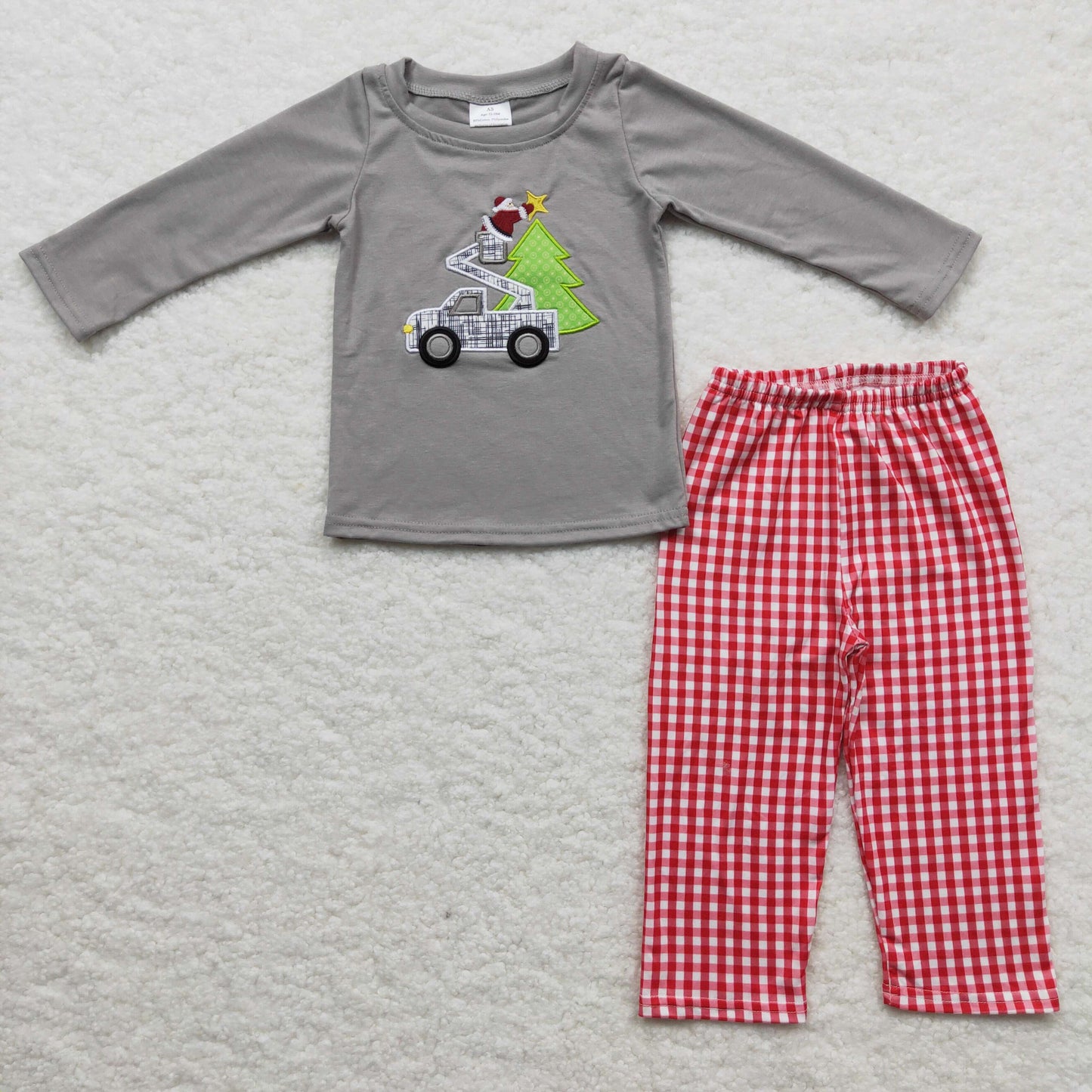 BLP0135 boy gray cotton long sleeve top with christmas tree and car embroidery  match plaid pants