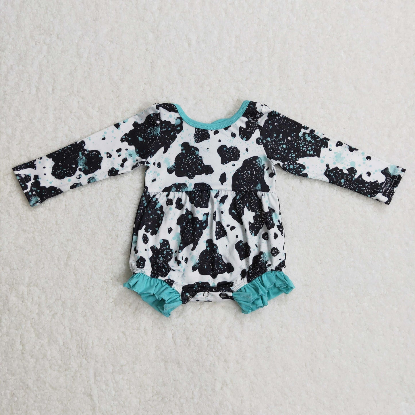 LR0197 baby girls milk cow print long sleeve romper with blue bow-knot