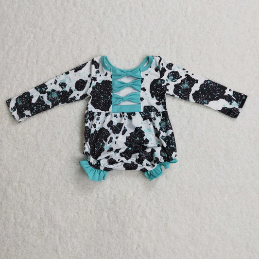 LR0197 baby girls milk cow print long sleeve romper with blue bow-knot