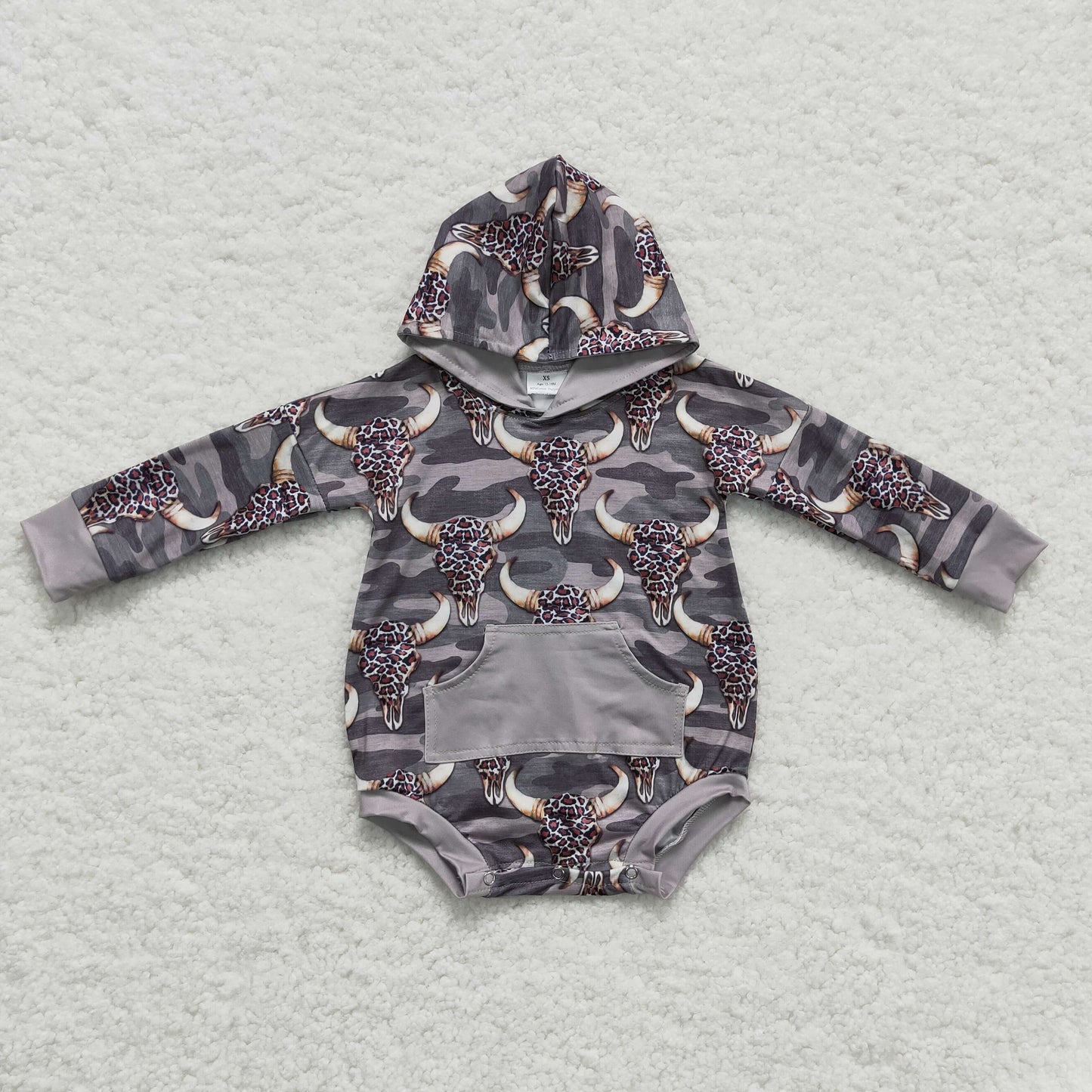 LR0219 baby boy camo long sleeve hooded romper with gray