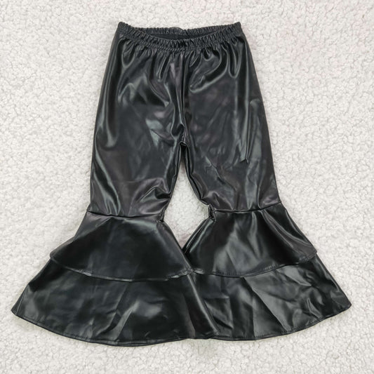 P0034 fashion girl black double ruffles leather bell pants with elastic waist