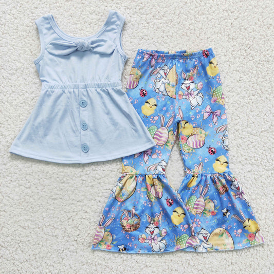 GSPO0233 girl sleeveless blue top with bow match eggs print bell pants for easter day