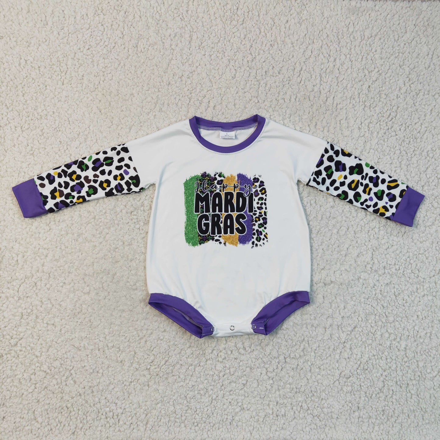 LR0226 happy mardi gras infants baby leopard long sleeve romper