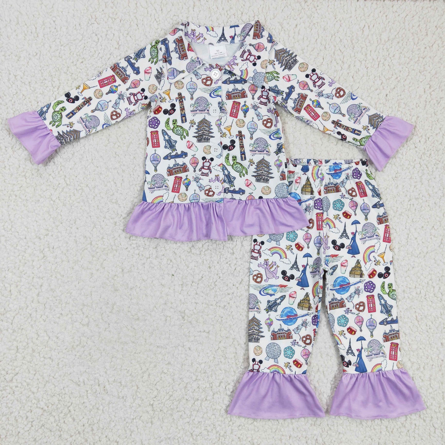 GLP0357 girl purple ruffle long sleeve pajamas set with turn-down collar