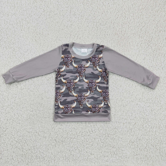 BT0108 kids gray long sleeve top with camo and cow print spring autumn t-shirt